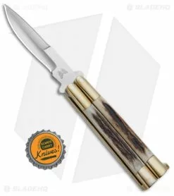 Bali-Song USA Jody Samson Weehawk Butterfly Knife Stag/Brass (3.25" Satin) -Outlet Kitchen Knives Store Bali Song USA Jody Samson Weehawk Butterfly Knife Stag Brass Satin BHQ 72051 jr bottlecap