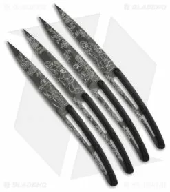 Deejo Toile De Jouy 9" Ti Art Deco Steak Knives W/ Black ABS Handles - Set Of 4